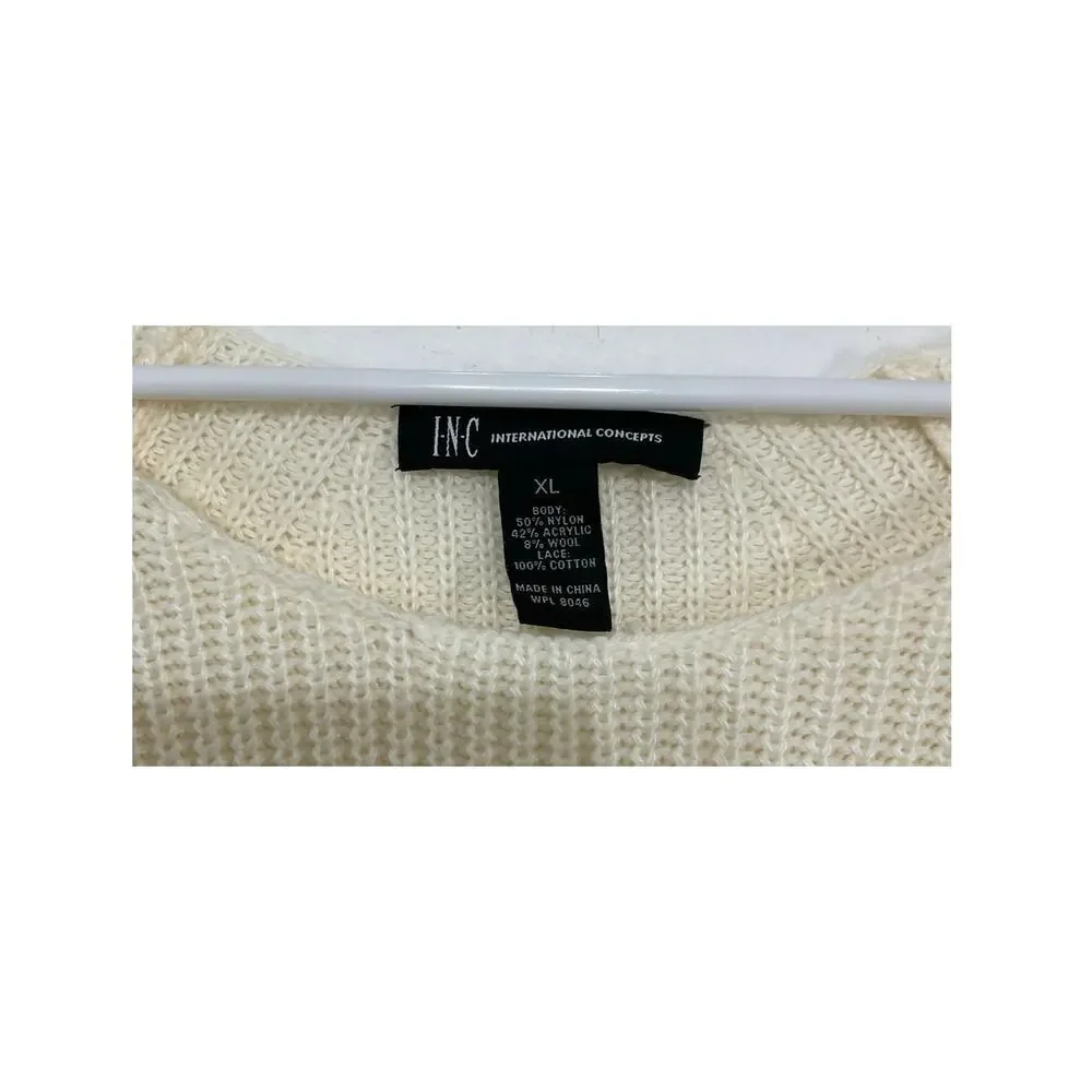 INC Women’s Cream Lace Trim Knit Sweater Size XL Wool Blend Stretch